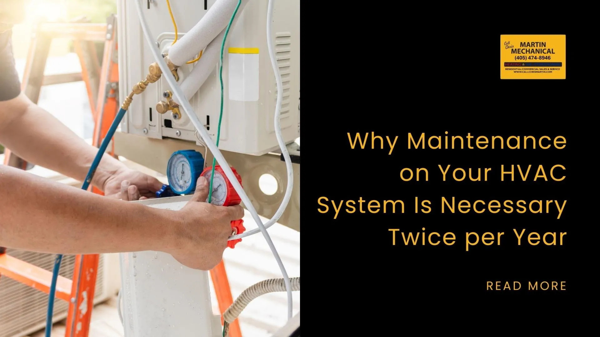 A technician repairing HVAC with the business logo, blog title, and read more option.